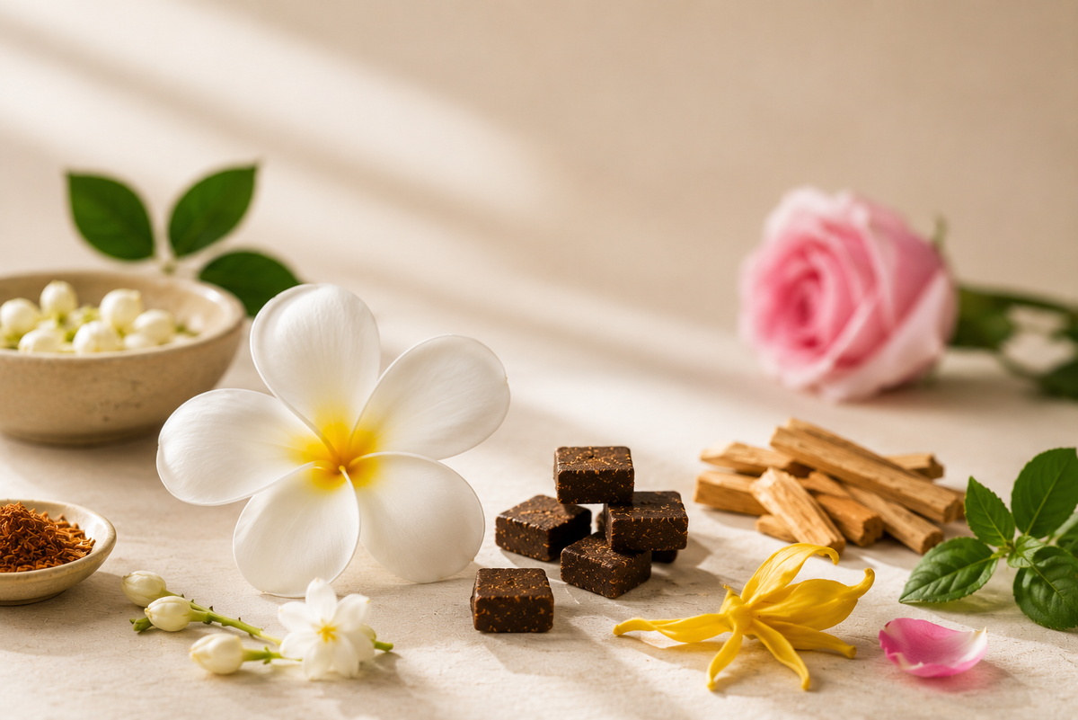 "natural raw materials for Nag Champa incense", "grinding aromatic wood and resin", "hand blending incense dough humidity controlled room", "Aromafume Nag Champa brick warmed not burned"