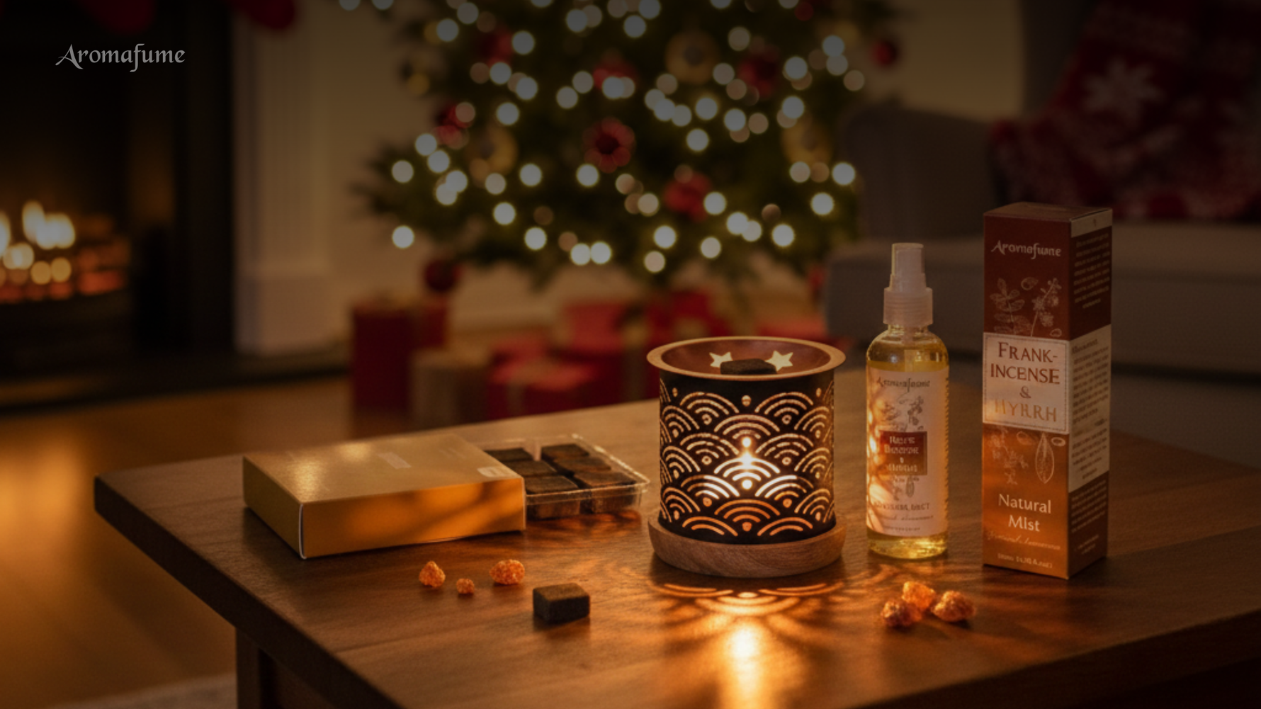 Gold incense burner with Frankincense & Myrrh aromatherapy products and holiday decorations