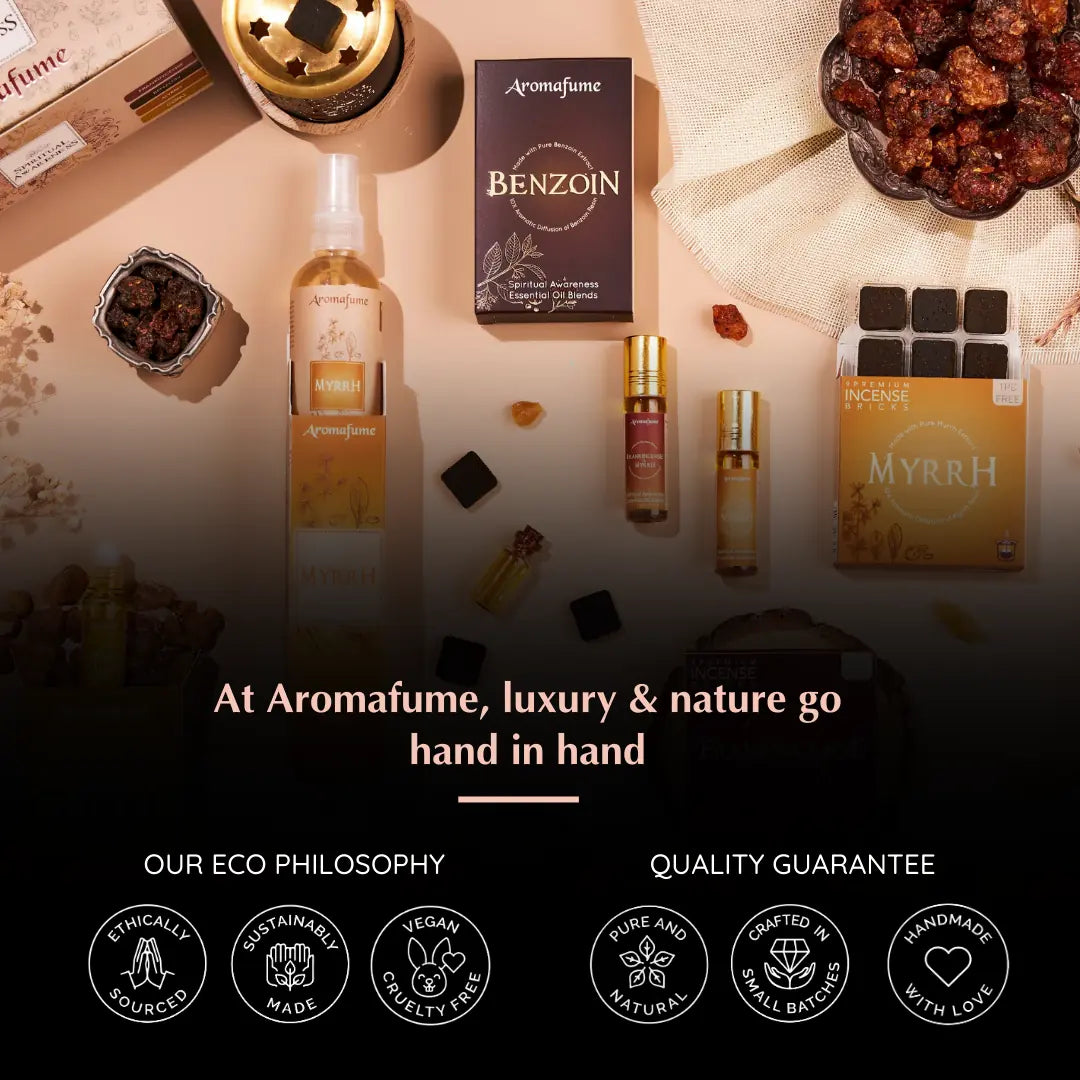 Aromafume values: 100% natural, vegan, cruelty-free, and ethically made with sacred resin oils