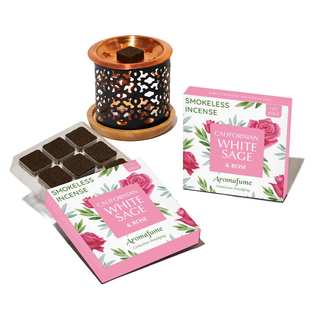 White Sage & Rose Incense Bricks & Burner Set