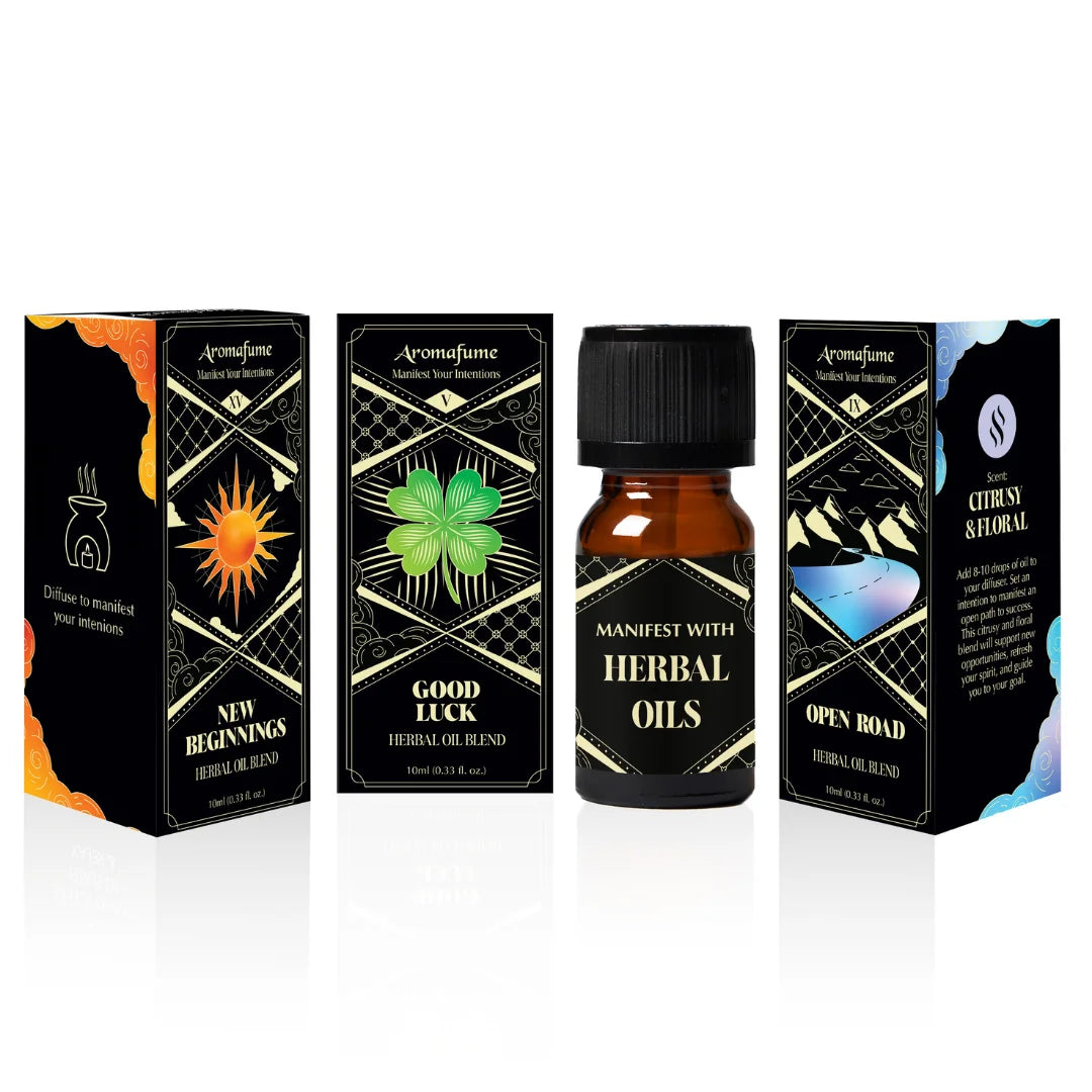 Clear Horizons Oils – New Beginnings, Good Luck & Open Road. Herbal blends for clarity, fresh starts & smooth journeys.