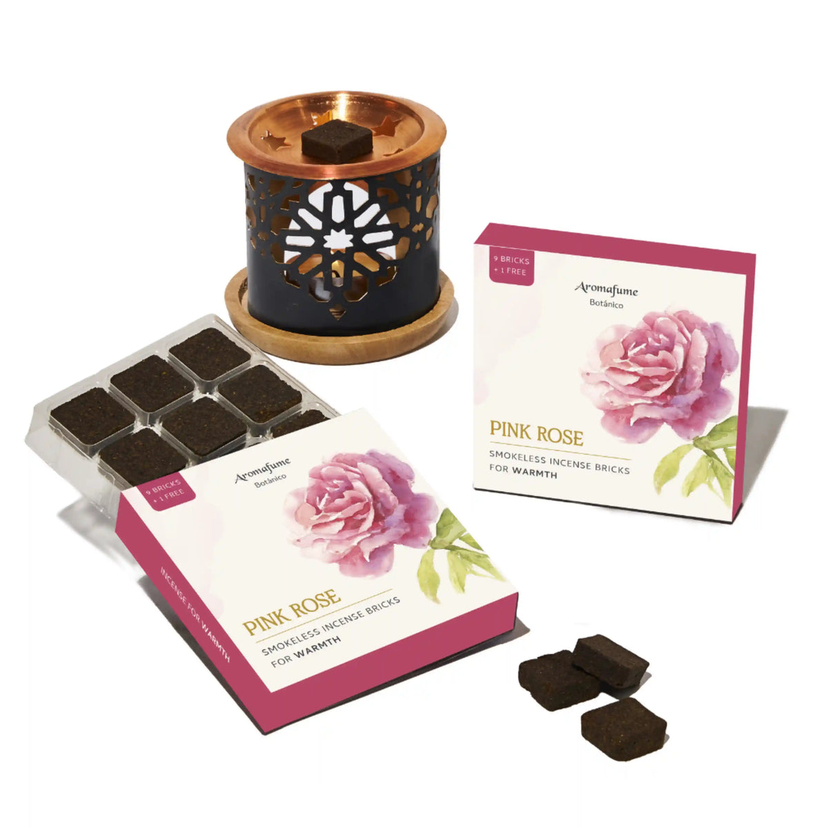 Pink Rose Smokeless Incense Bricks &  Oriental Brick burner Set
