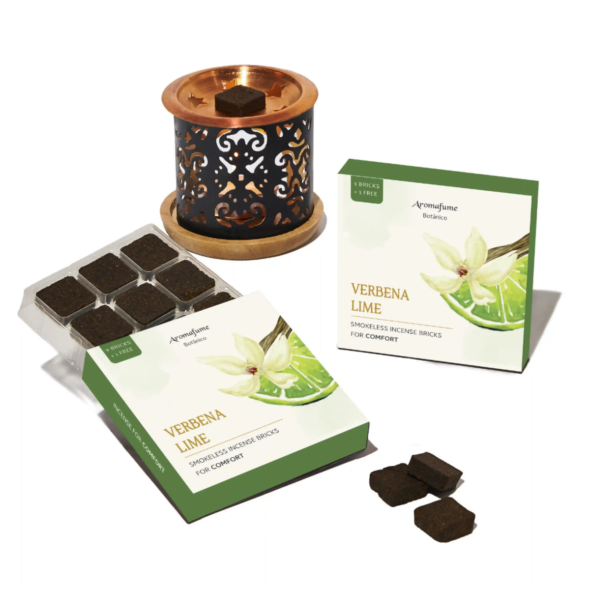 Verbena Lime Smokeless Incense Bricks & Taj Incense Brick Burner Set