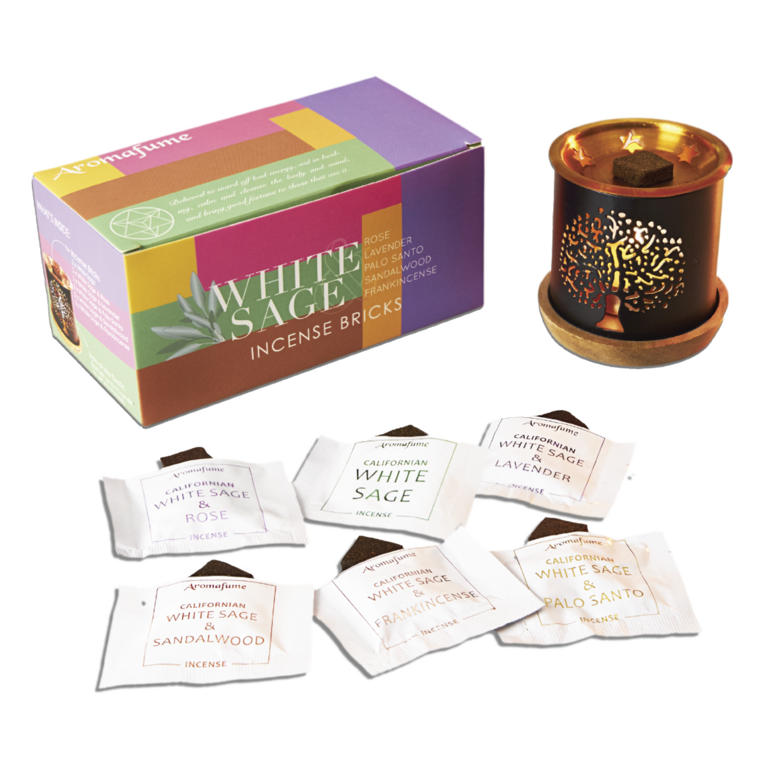 White Sage Smokeless Incense Gift Set - White Sage with Rose, Lavender, Palo Santo, Sandalwood, Frankincense Incense Bricks & Tree Of Life Burner