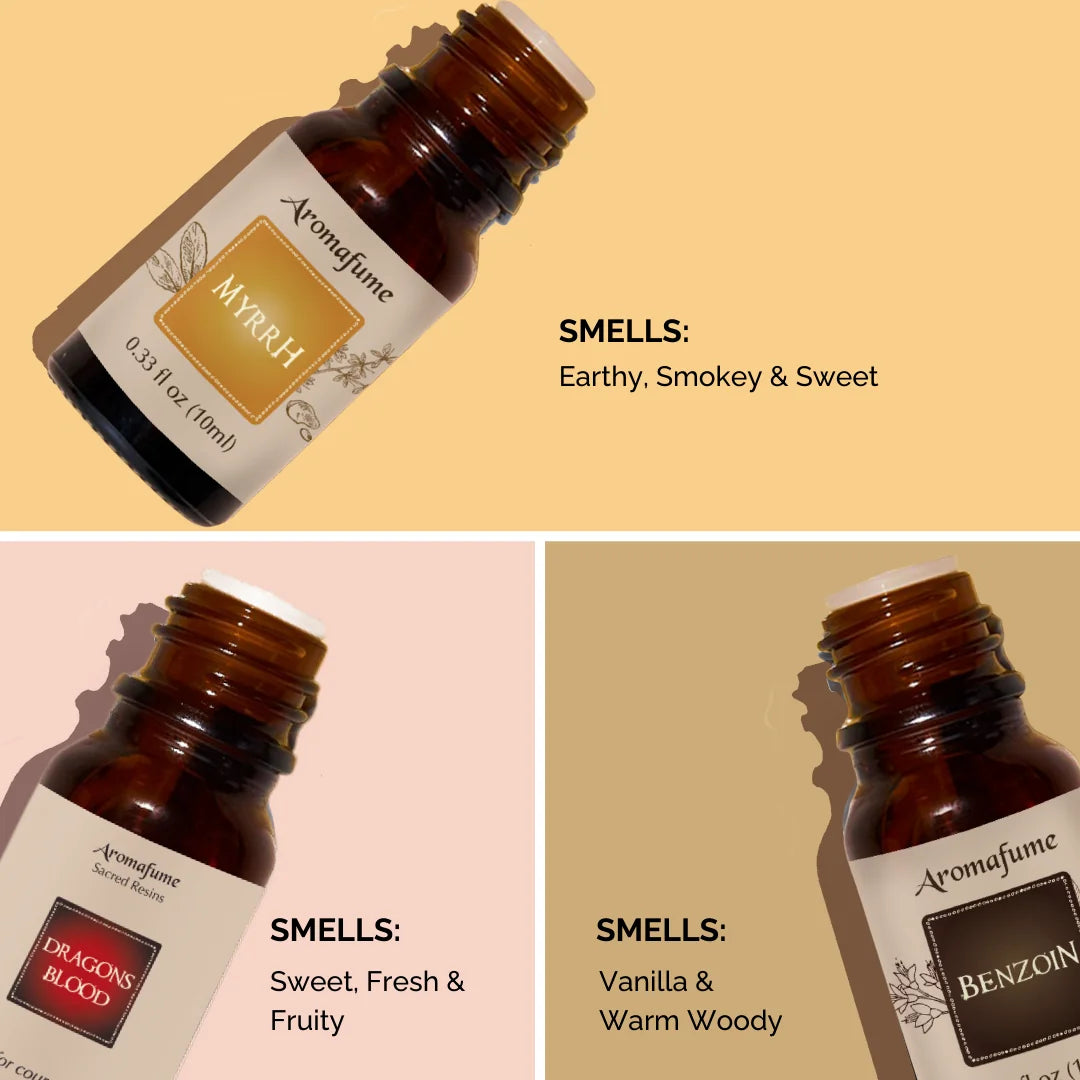 Aroma notes: Woody, warm, sweet, earthy, fresh, piney – grounding scents from sacred resins