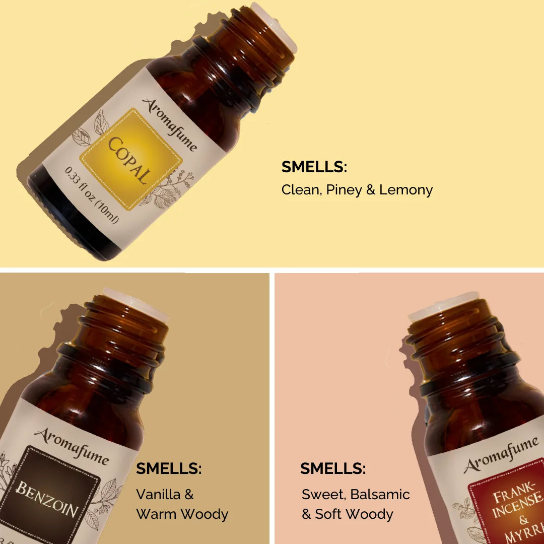 Aroma notes: Woody, sweet, warm, fresh, lemony, and earthy scents from Copal, Benzoin, Frankincense & Myrrh