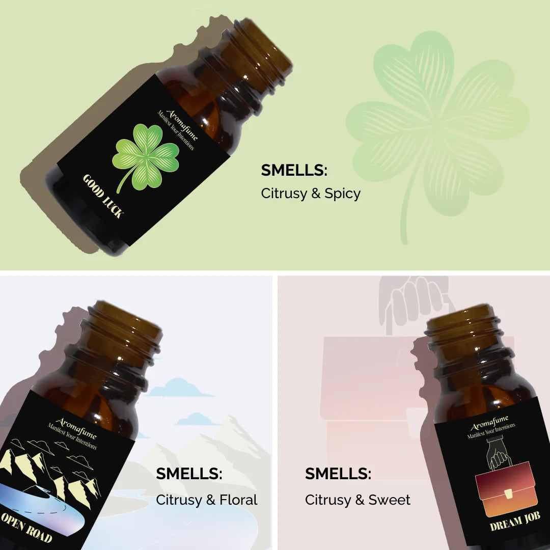 Citrusy, floral, and sweet scent profiles of Path to Prosperity Oils – uplifting & energizing aromatherapy blends.