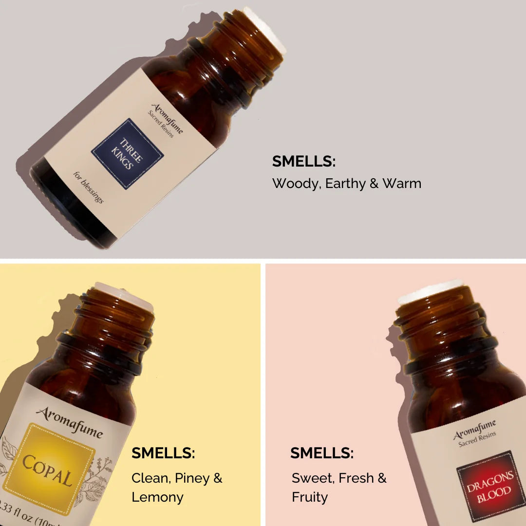 Aroma notes: Woody, earthy, sweet, piney, fresh, lemony and warm scents from Three Kings, Copal & Dragon’s Blood