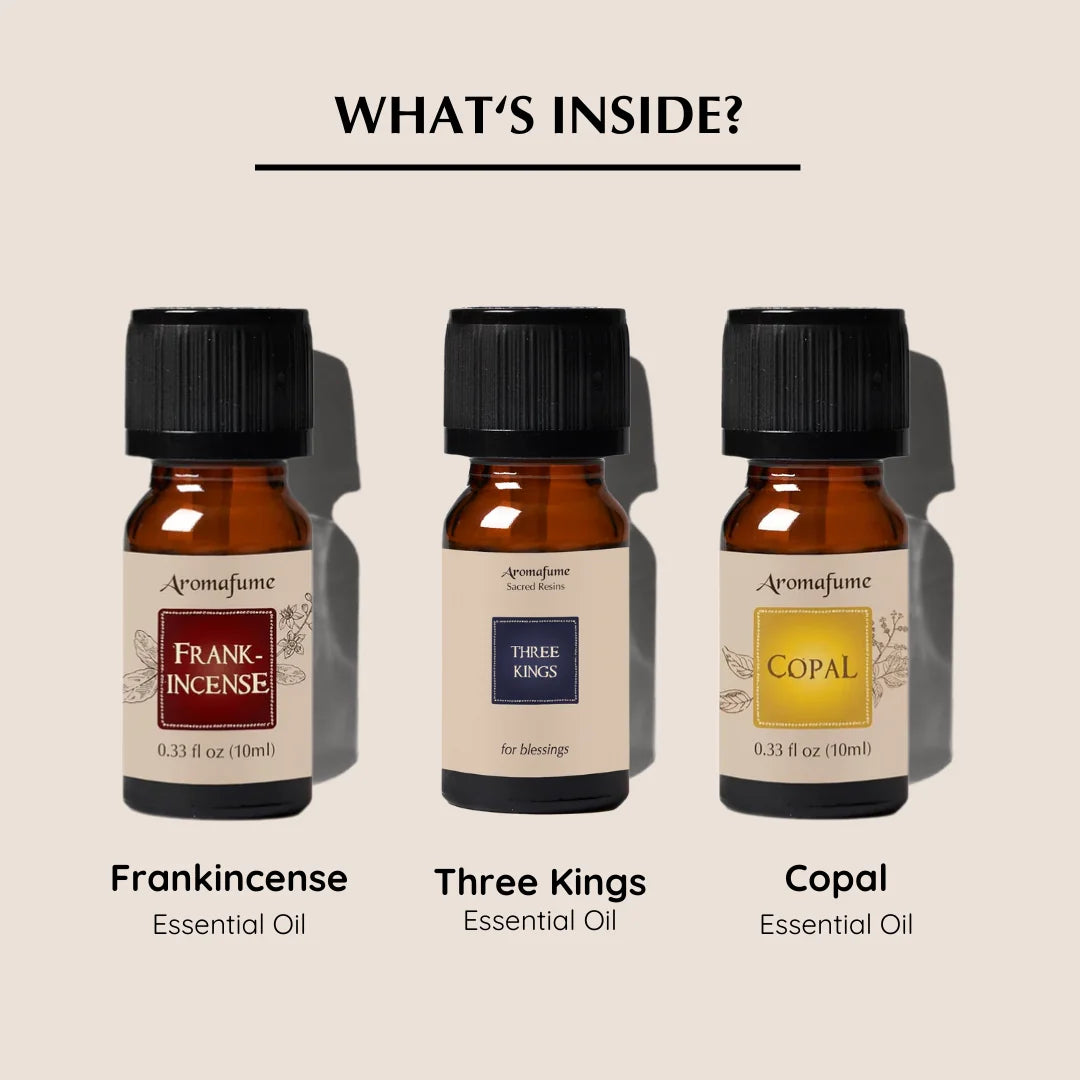 Sacred Resin Essential Oils – Frankincense, Three Kings & Copal support clarity, peace, and energy balance