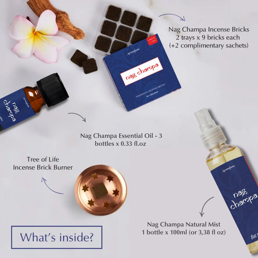 Whats inside the box:

Nag Champa Incense Bricks - 2 trays x 9 bricks each
Tree of Life - Incense Brick Burner
4 complimentary trial brick sachets
Nag Champa Natural Mist -3.38 fl.oz bottle
Nag Champa Essential Oil - 3 x 0.33 fl.oz bottles