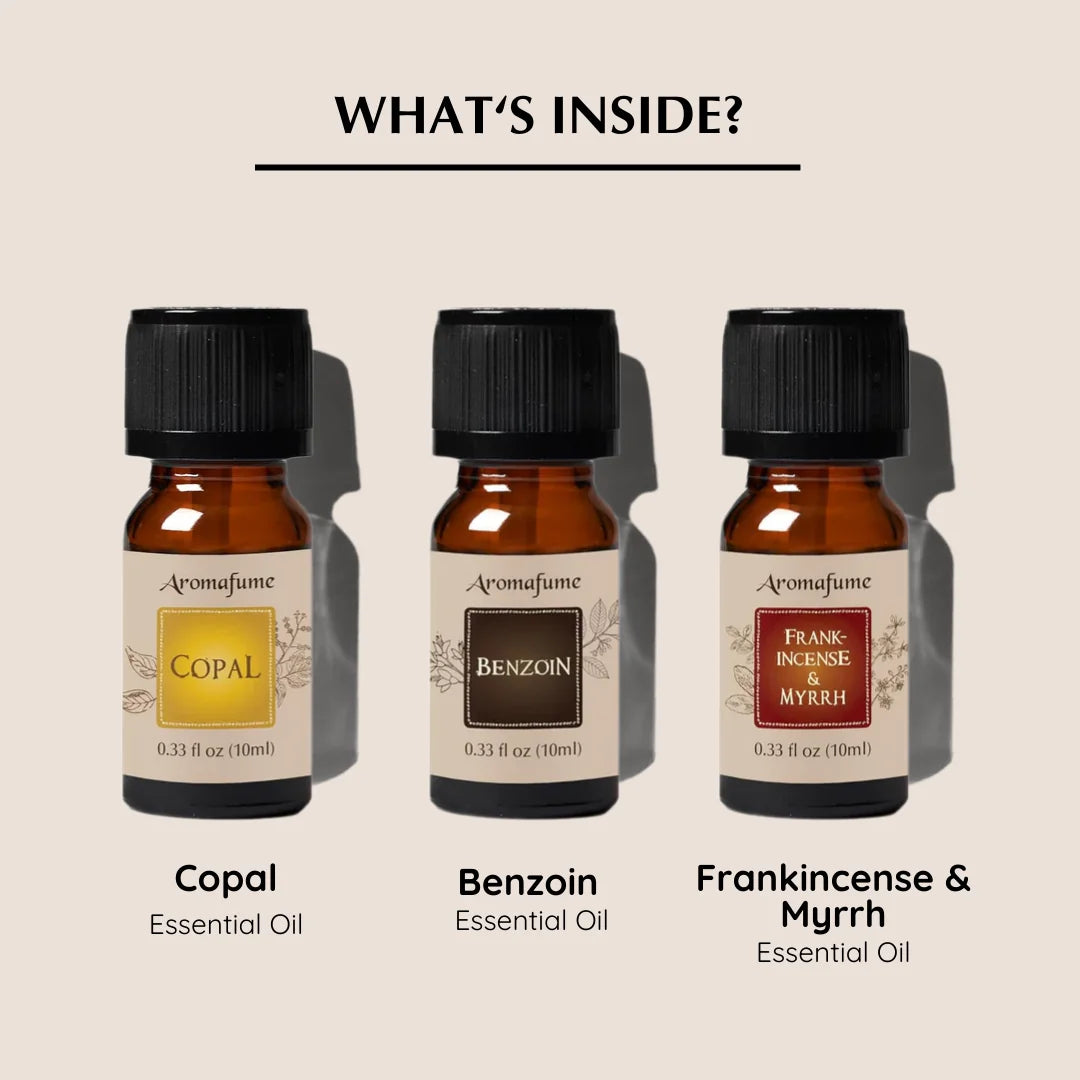 Sacred Resins Essential Oils – Support mindful rituals and inner peace with Copal, Benzoin & Frankincense-Myrrh