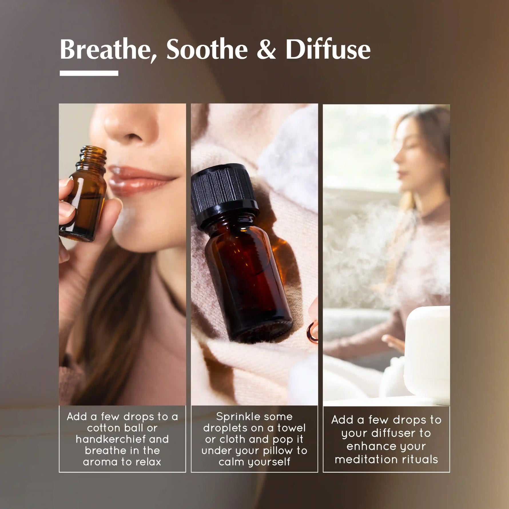 Experience essential oils by breathing them in, sprinkling on clothes, diffusing on Oil burner