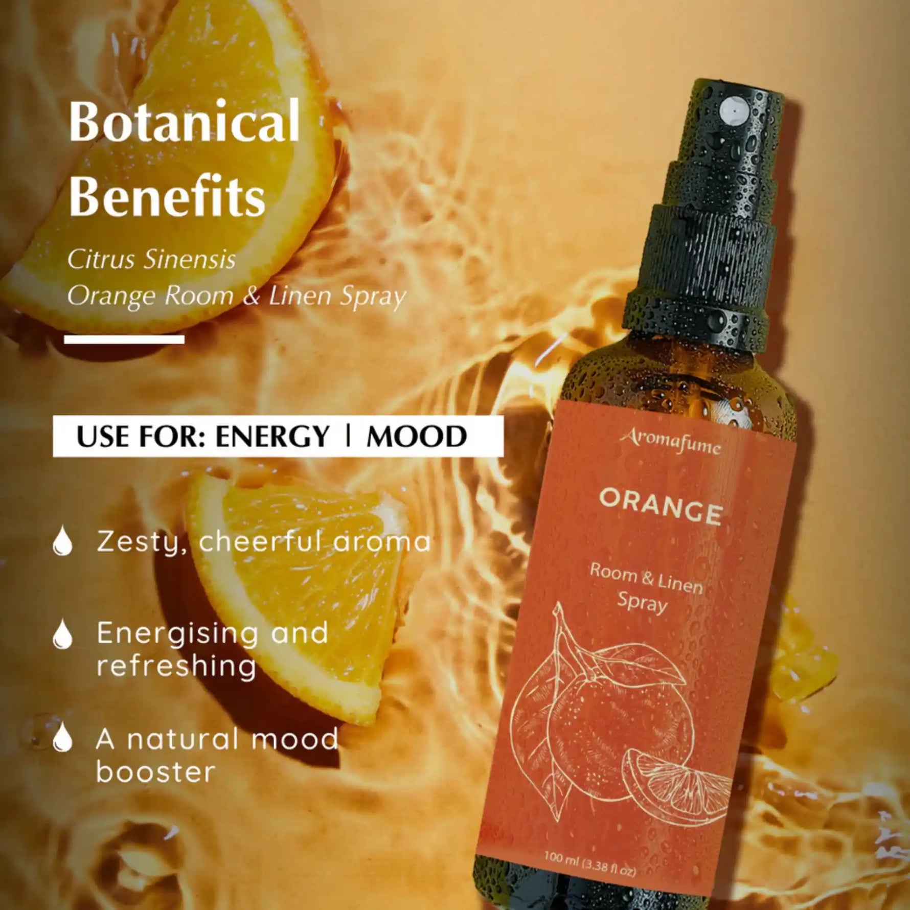Botanical benefits og Orange room spray - Spritz for energy and mood boost. The aroma is zesty and cheerful.