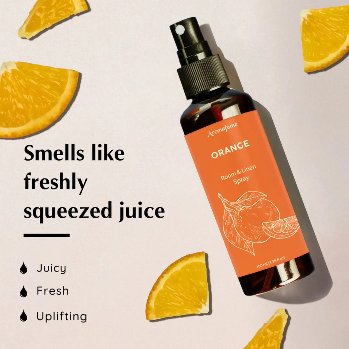 Orange room spray smells like a freshly squeezed orange.