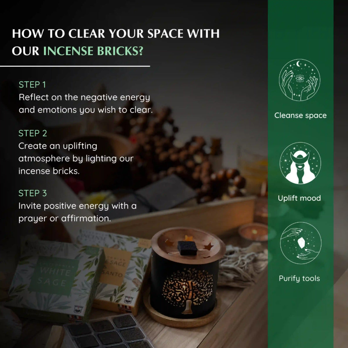 Clear your space and uplift mood with White Sage smokeless incense - Invite positive energy with a prayer or affirmation